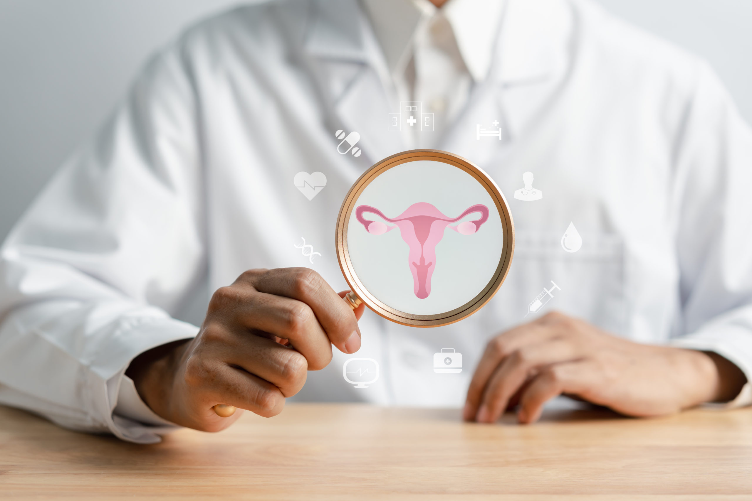 doctor in a white coat holding virtual uterus reproductive system , woman health, PCOS, ovary gynecologic and cervix cancer, Healthy feminine concept